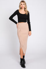 Beige Ribbed Braided Side Midi Skirt