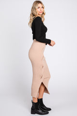 Beige Ribbed Braided Side Midi Skirt