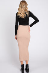 Beige Ribbed Braided Side Midi Skirt