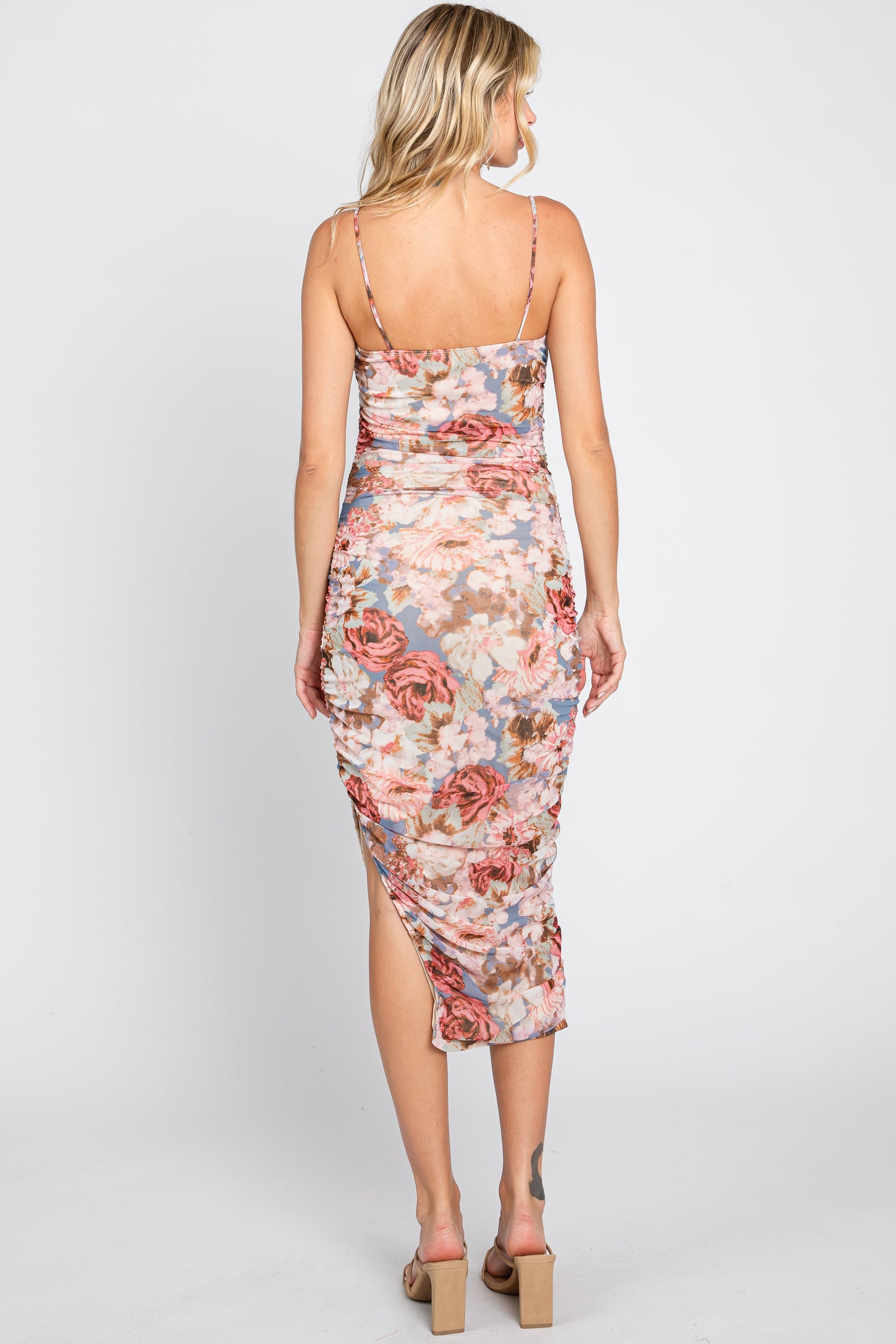 Multicolor Floral Mesh Ruched Midi Dress