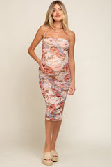 Multicolor Floral Mesh Ruched Maternity Midi Dress