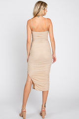 Gold Sparkle Mesh Ruched Midi Dress