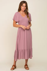 Lavender Smocked V-Neck Maternity Midi Dress