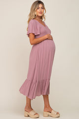 Lavender Smocked V-Neck Maternity Midi Dress