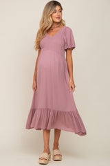 Lavender Smocked V-Neck Maternity Midi Dress