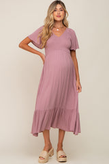 Lavender Smocked V-Neck Maternity Midi Dress