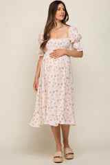 Pink Floral Smocked Gauze Maternity Midi Dress