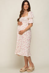 Pink Floral Smocked Gauze Maternity Midi Dress