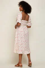 Pink Floral Smocked Gauze Midi Dress