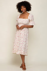 Pink Floral Smocked Gauze Midi Dress