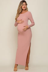 Pink Ribbed Long Sleeve Side Slit Maternity Maxi Dress