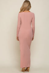 Pink Ribbed Long Sleeve Side Slit Maternity Maxi Dress