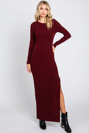 Burgundy Ribbed Long Sleeve Side Slit Maxi Dress