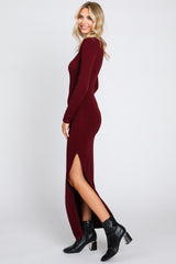 Burgundy Ribbed Long Sleeve Side Slit Maxi Dress