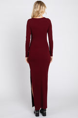 Burgundy Ribbed Long Sleeve Side Slit Maxi Dress