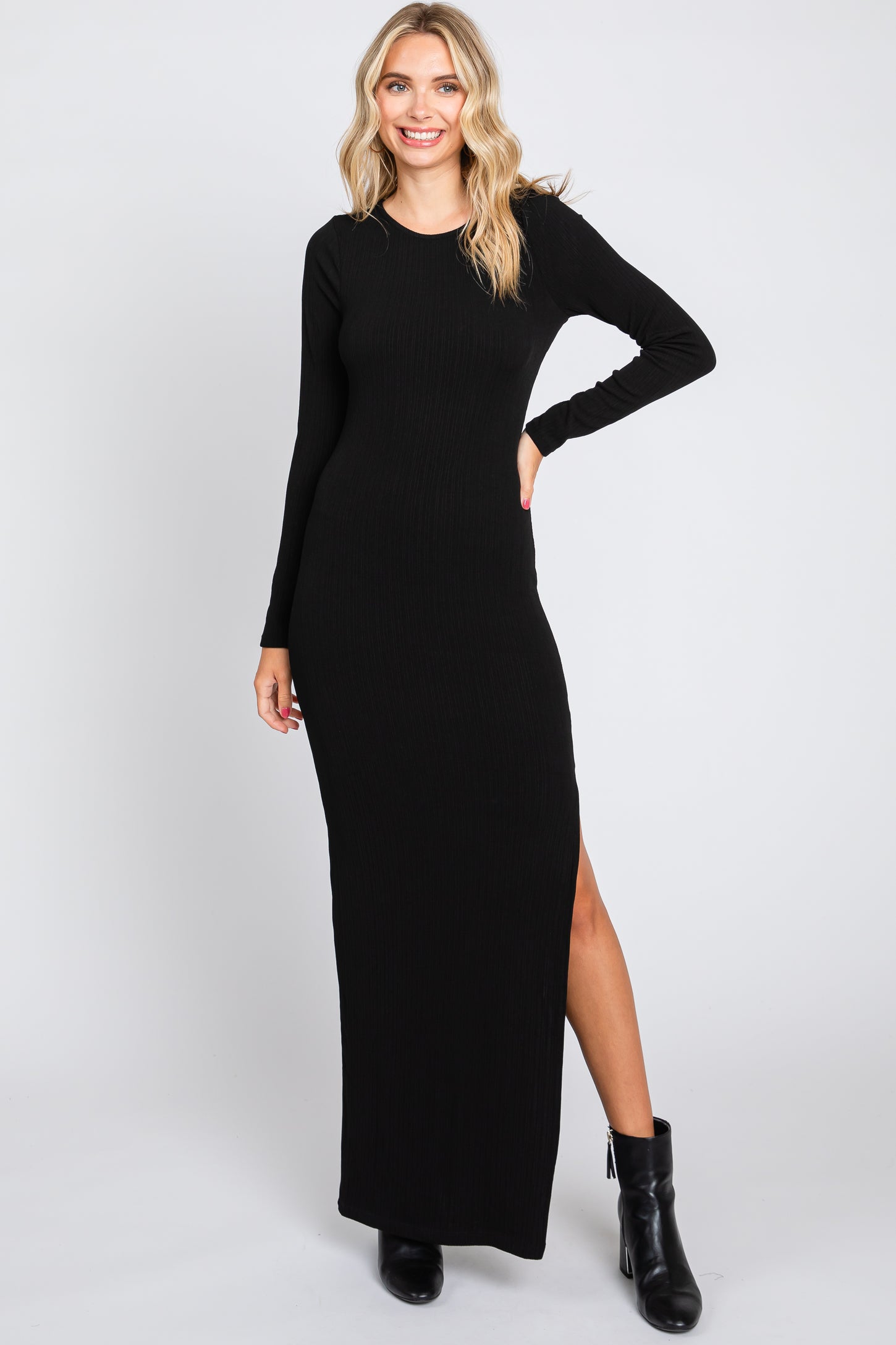 Black Ribbed Long Sleeve Side Slit Maxi Dress