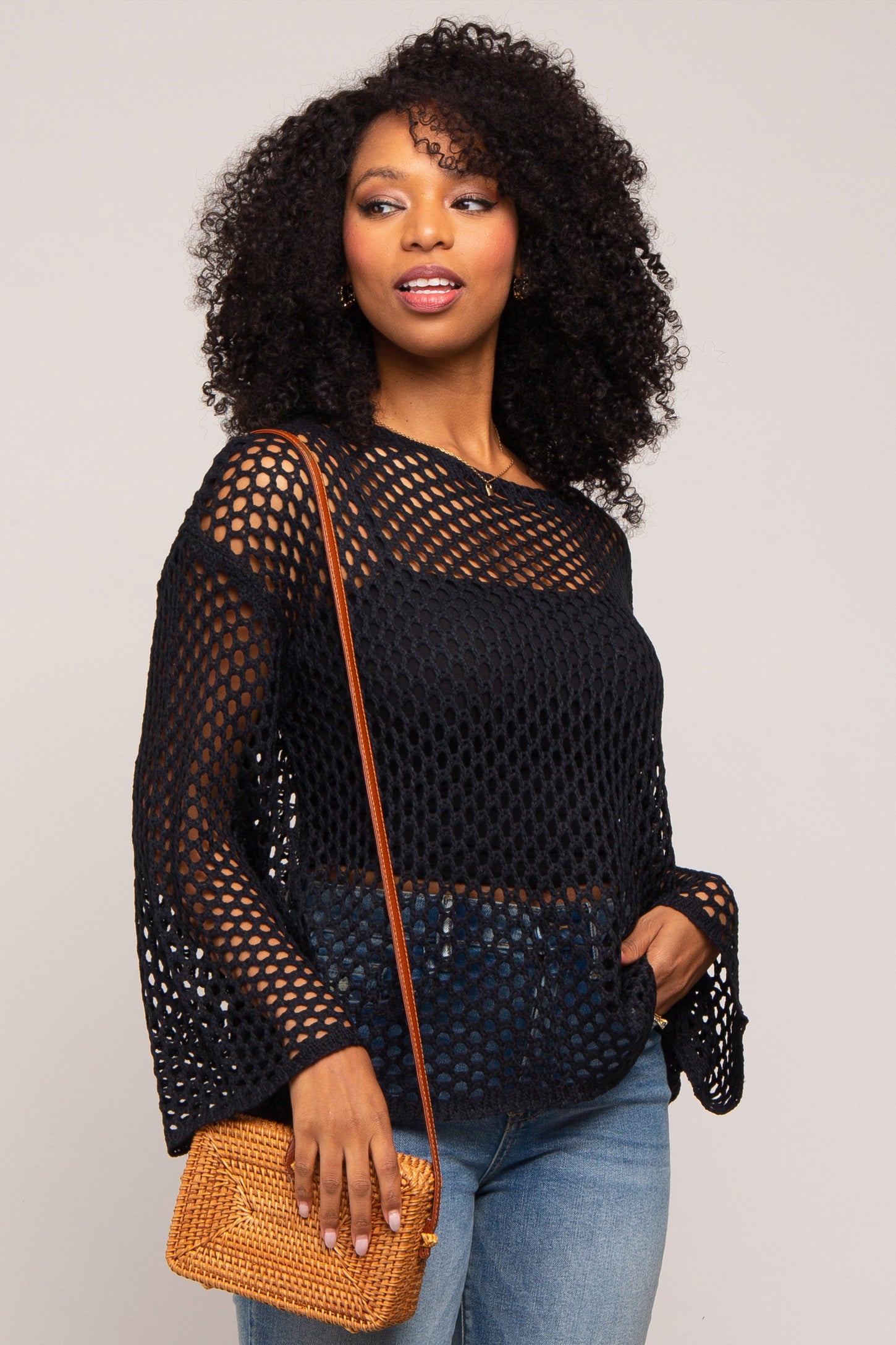 Black Open Knit Bell Sleeve Maternity Sweater