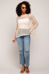 Beige Open Knit Bell Sleeve Sweater