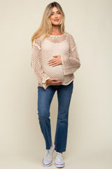 Beige Open Knit Bell Sleeve Maternity Sweater