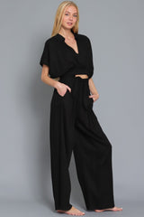 Black Dolman Short Sleeve Collar Cropped Top & Pants