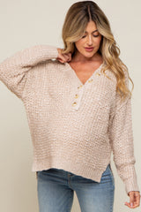 Beige Chunky Knit Button V-Neck Maternity Sweater