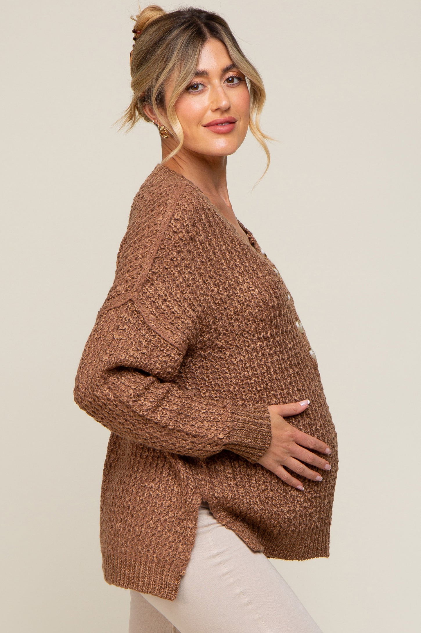 Mocha Chunky Knit Button V-Neck Maternity Sweater