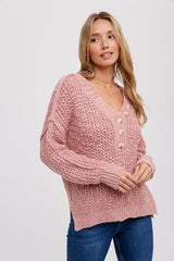 Mauve Chunky Knit Button V-Neck Maternity Sweater