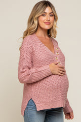 Mauve Chunky Knit Button V-Neck Maternity Sweater