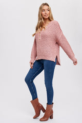 Mauve Chunky Knit Button V-Neck Sweater