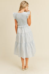 Light Blue Smocked Flutter Sleeve Tiered Midi Dress