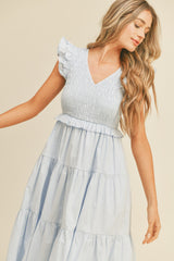 Light Blue Smocked Flutter Sleeve Tiered Midi Dress