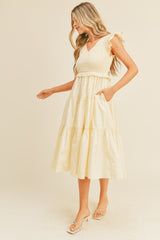 Cream Smocked Flutter Sleeve Tiered Maternity Midi Dress