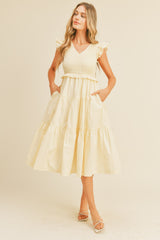 Cream Smocked Flutter Sleeve Tiered Midi Dress