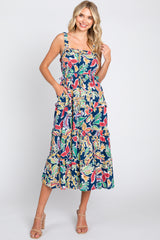 Navy Blue Multi-Color Floral Sleeveless Tiered Midi Dress