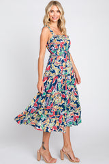 Navy Blue Multi-Color Floral Sleeveless Tiered Midi Dress