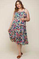 Navy Blue Multi-Color Floral Sleeveless Tiered Maternity Plus Midi Dress