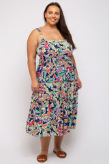 Navy Blue Multi-Color Floral Sleeveless Tiered Maternity Plus Midi Dress