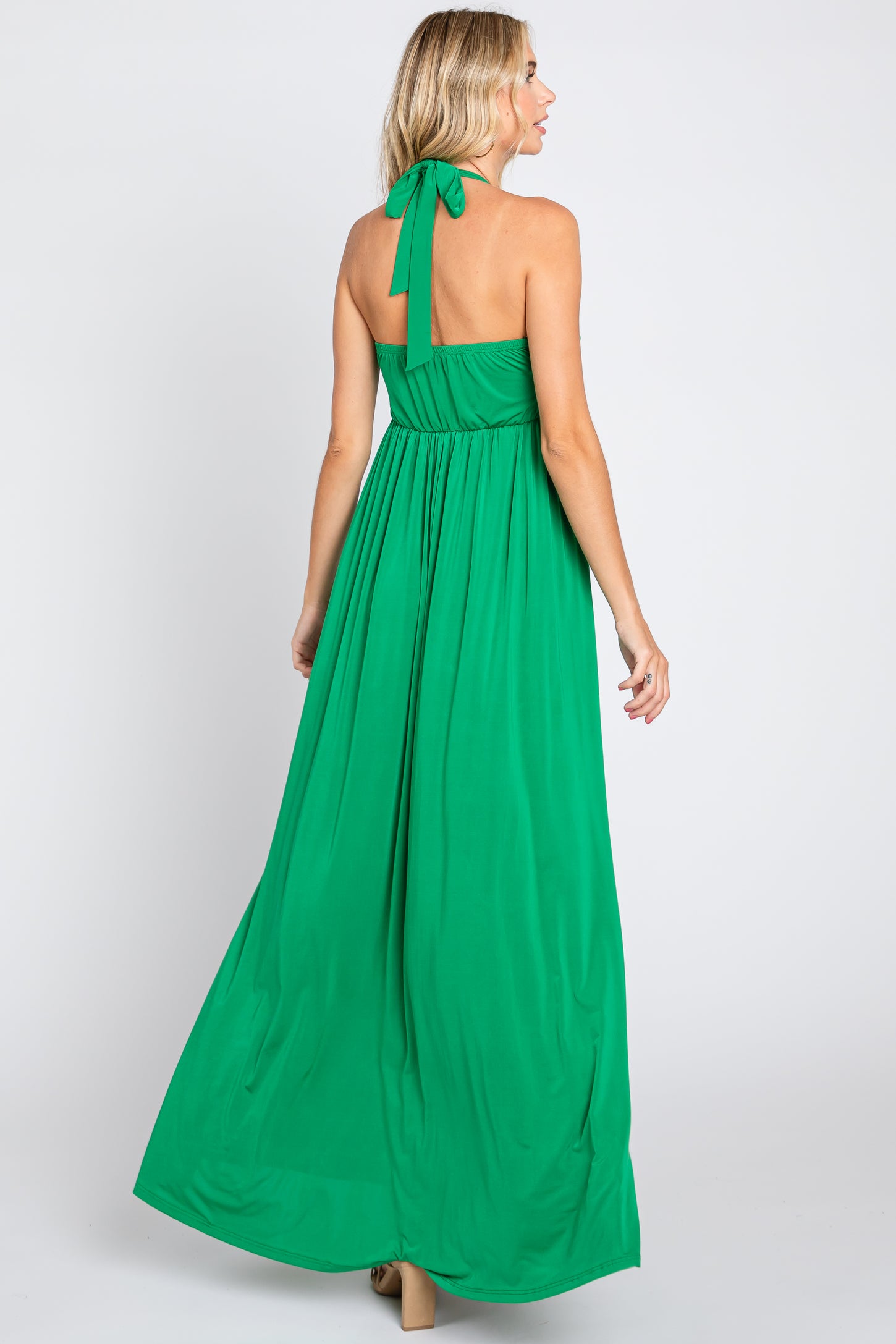 Green Front Knot Halter Maxi Dress