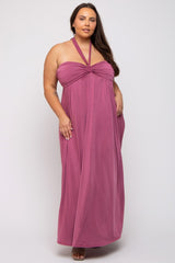 Mauve Front Knot Halter Plus Maxi Dress