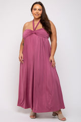 Mauve Front Knot Halter Plus Maxi Dress