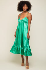 Green Satin Smocked V-Neck Midi Dress