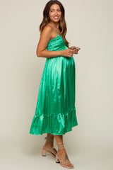 Green Satin Smocked V-Neck Maternity Midi Dress