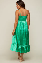 Green Satin Smocked V-Neck Maternity Midi Dress