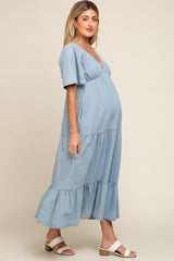 Light Blue Denim Tiered Maternity Midi Dress