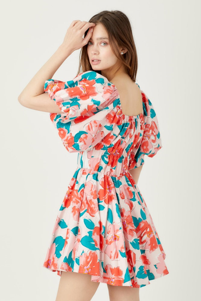 Coral Floral Bubble Sleeve Flare Mini Dress