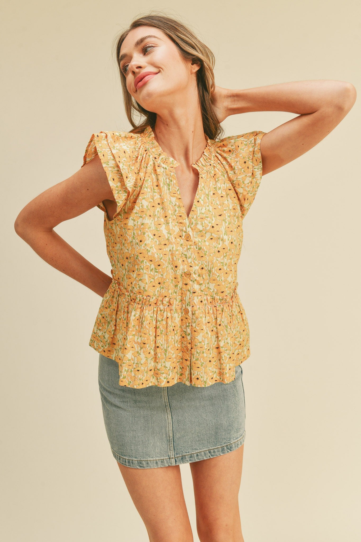 Yellow Floral Flutter Sleeve Button Up Top