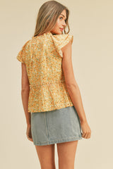 Yellow Floral Flutter Sleeve Button Up Top