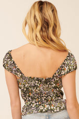 Black Floral Sweetheart Cap Sleeve Button Front Top