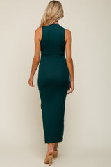 Forest Green Ribbed Mock Neck Side Slit Maternity Maxi Dress