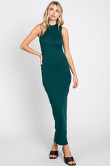 Forest Green Ribbed Mock Neck Side Slit Maxi Dress